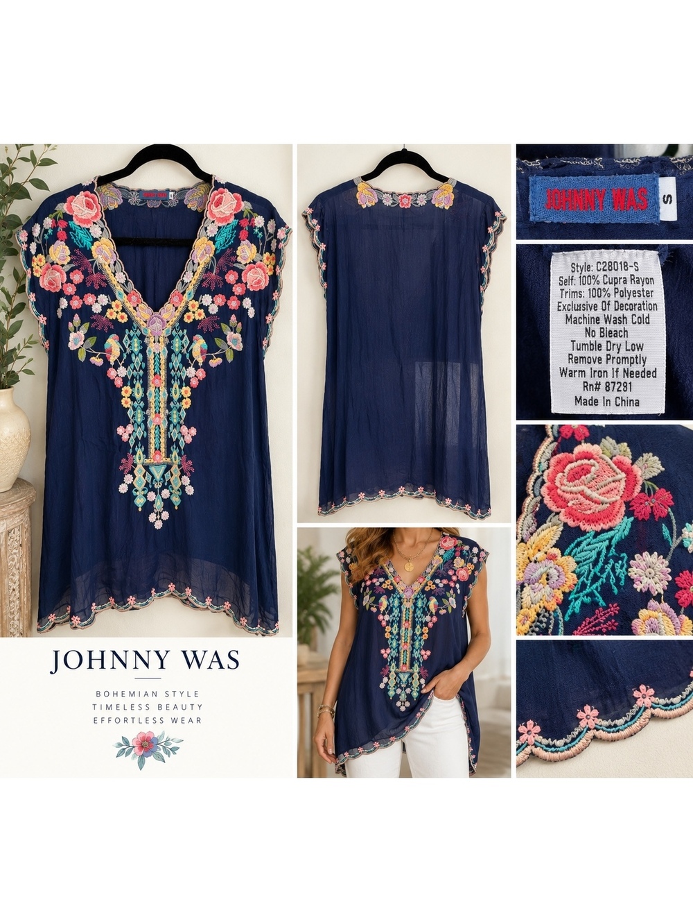 Johnny Was Navy Embroidered Tunic Top – Size Small